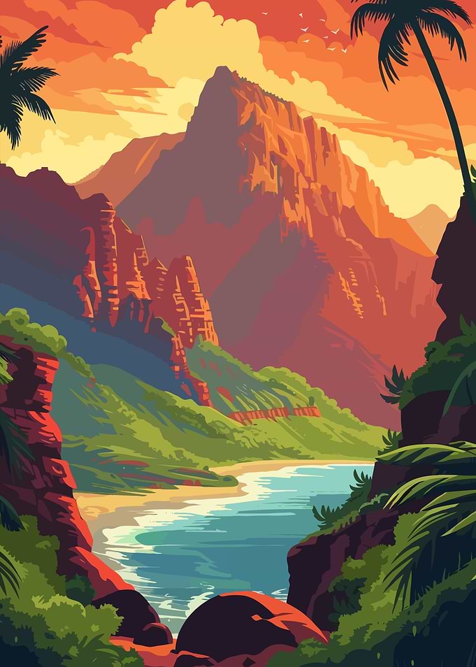 Tropical Mountain Landscape Vector Illustration