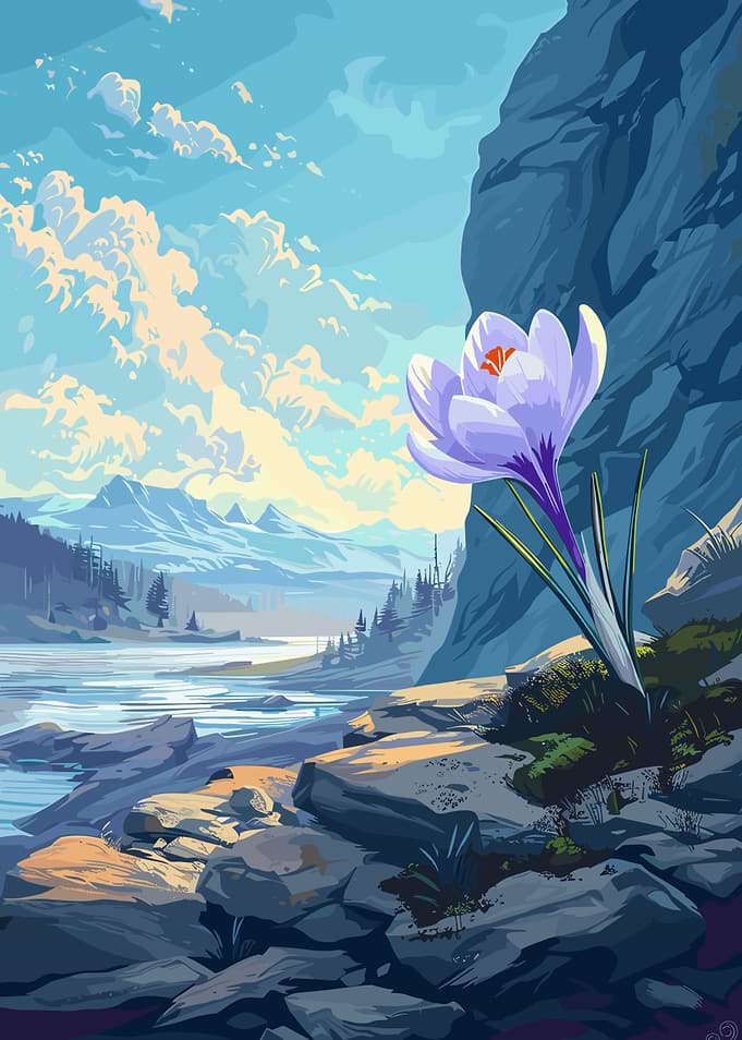 Crocus Flower by Mountain Lake