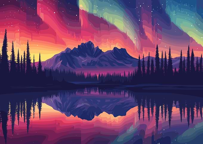 Aurora Borealis Mountain Lake Reflection