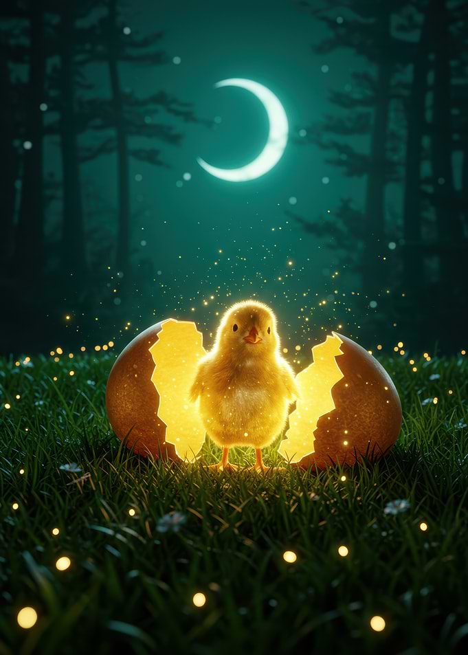 Chick hatching under moonlight in forest