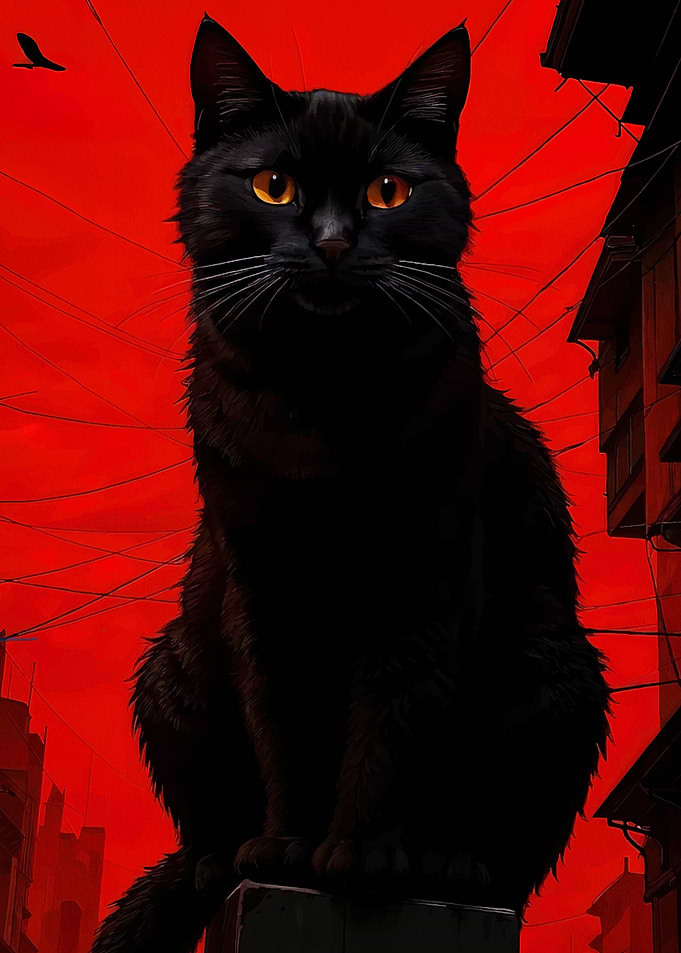 Black Cat on Red Urban Background