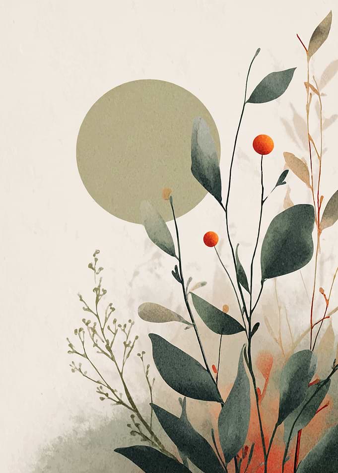 Watercolor Botanical Illustration with Circle