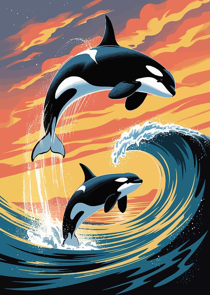 Orcas Jumping at Sunset