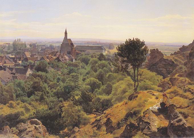 Landscape painting with town and forest