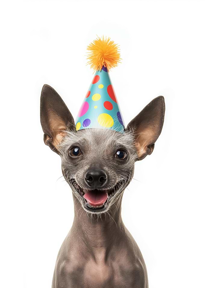 American Hairless Terrier Dog with Party Hat