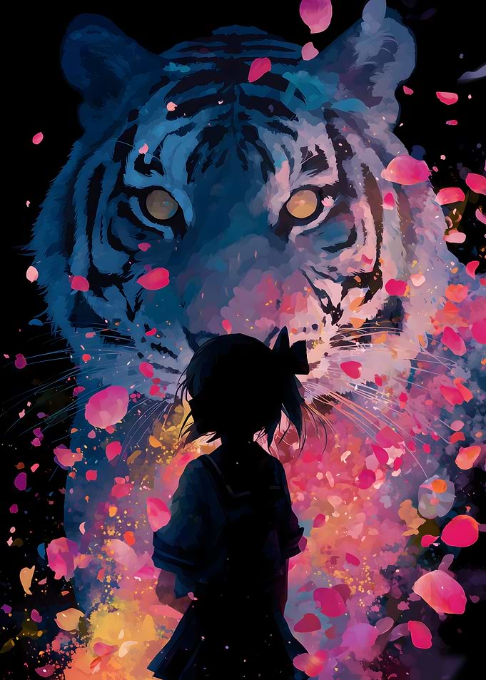 Girl and Tiger with Floral Petals