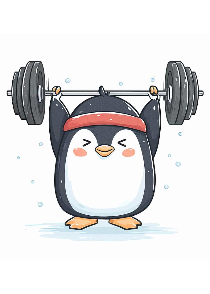 Cartoon Penguin Lifting Weights