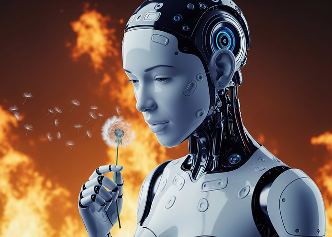 Humanoid Robot Blowing on Dandelion in Fiery Background