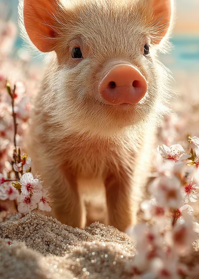 Cute Piglet with Cherry Blossoms