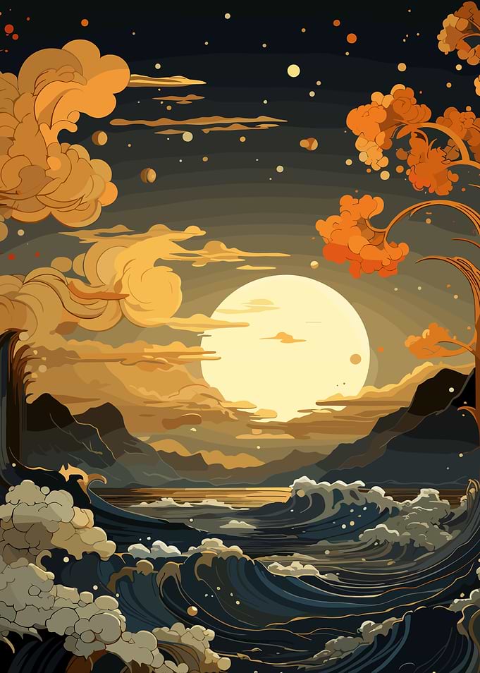 Stylized Ocean Landscape with Moon