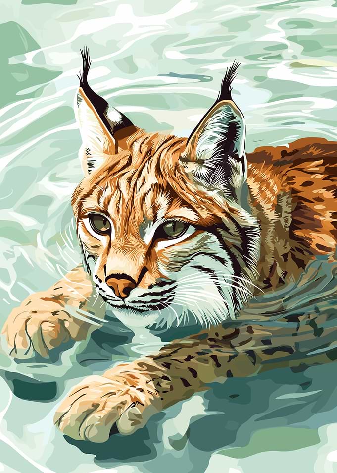Lynx Swimming in Water Digital Art
