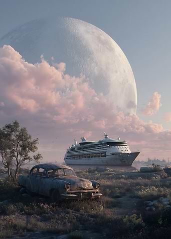 Surreal Cruise Ship and Vintage Car
