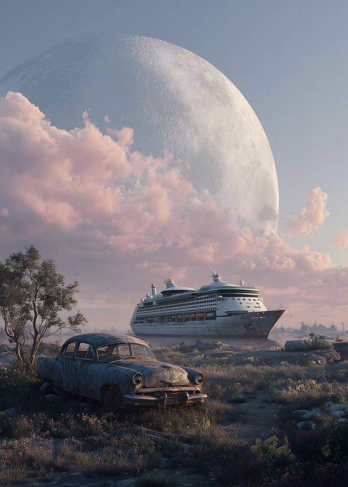 Surreal Cruise Ship and Vintage Car