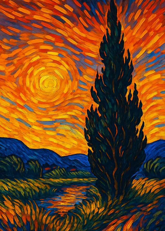 Cypress Tree and Starry Sky Painting