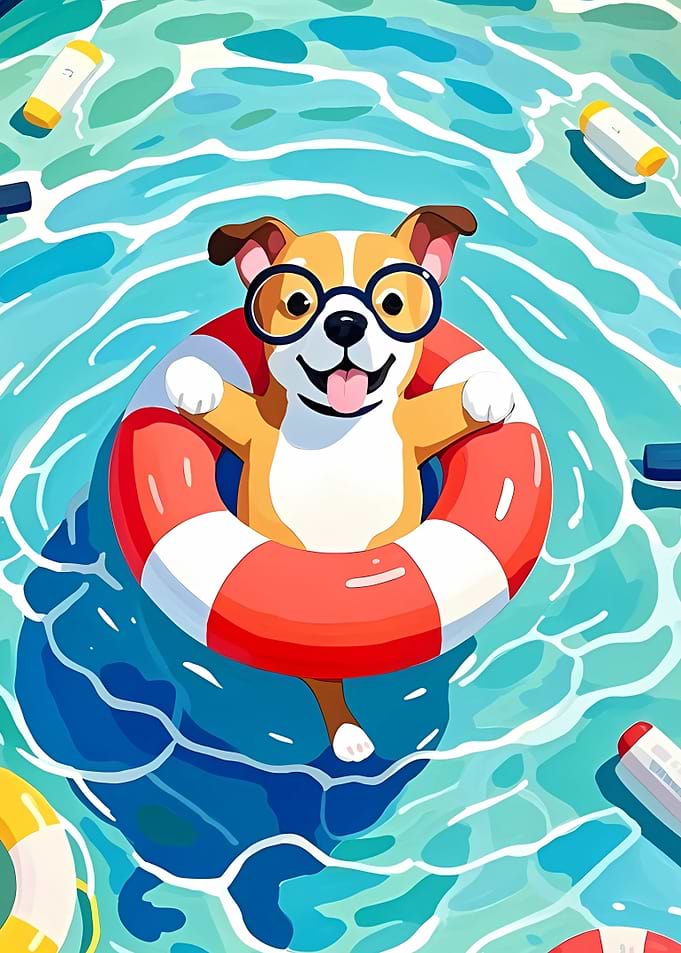 Dog in Pool with Lifebuoy