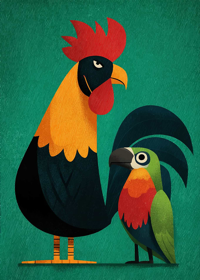 Stylized Rooster and Parrot Illustration