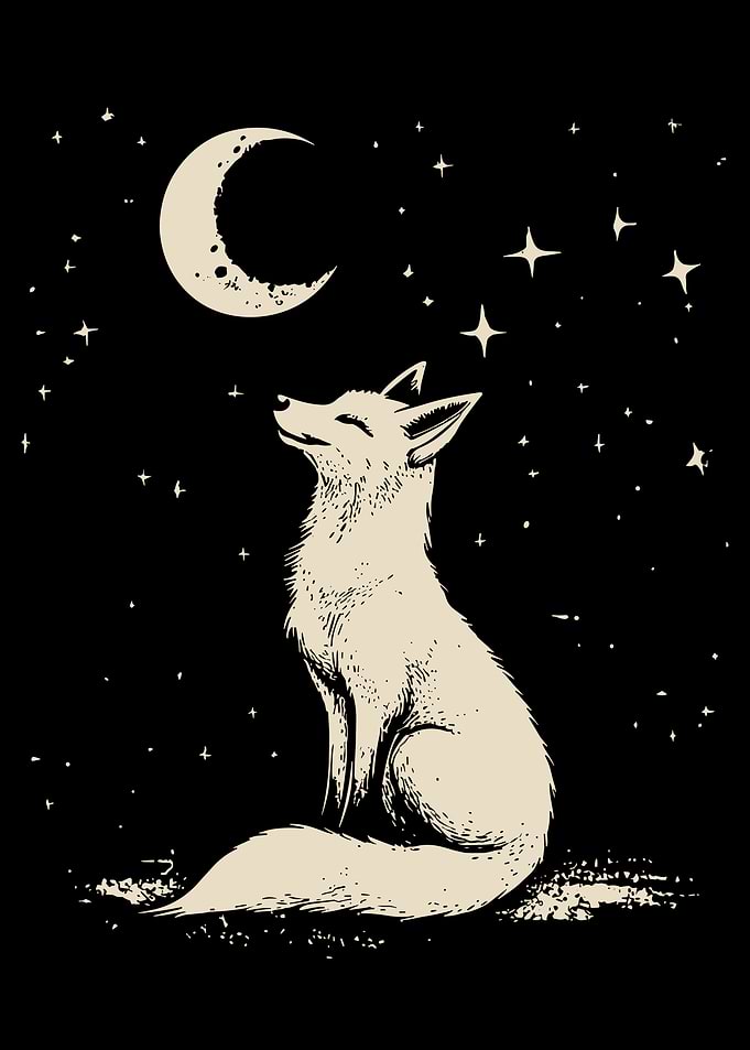 Fox gazing at the moon illustration