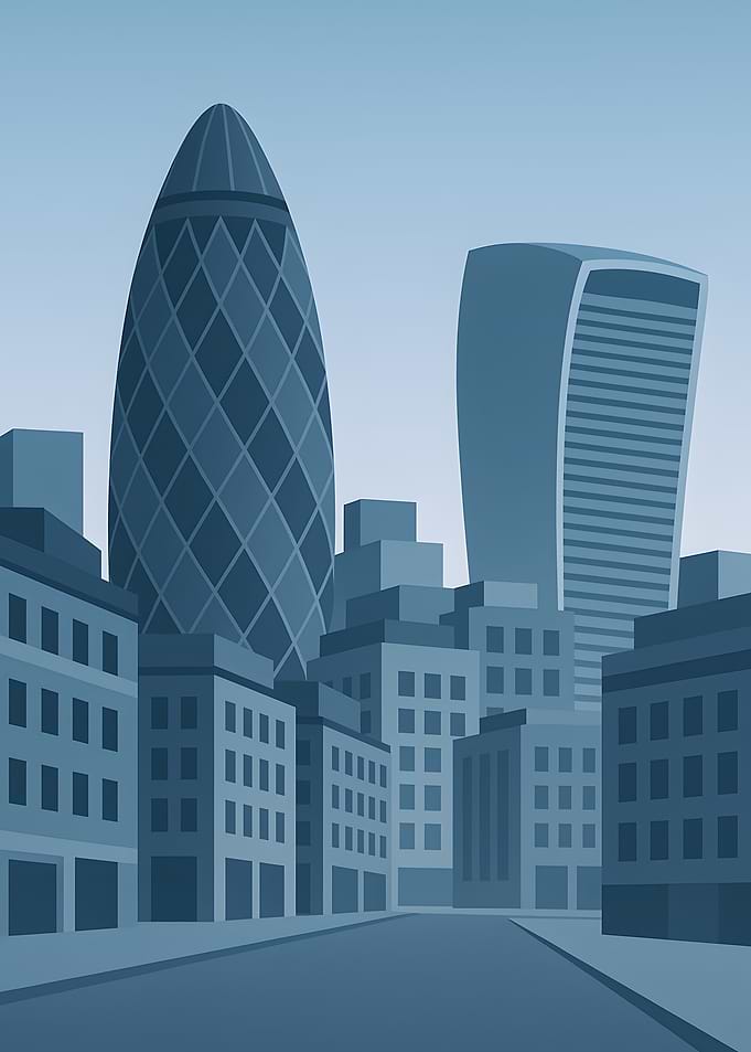 London Cityscape Illustration in Blue Tones