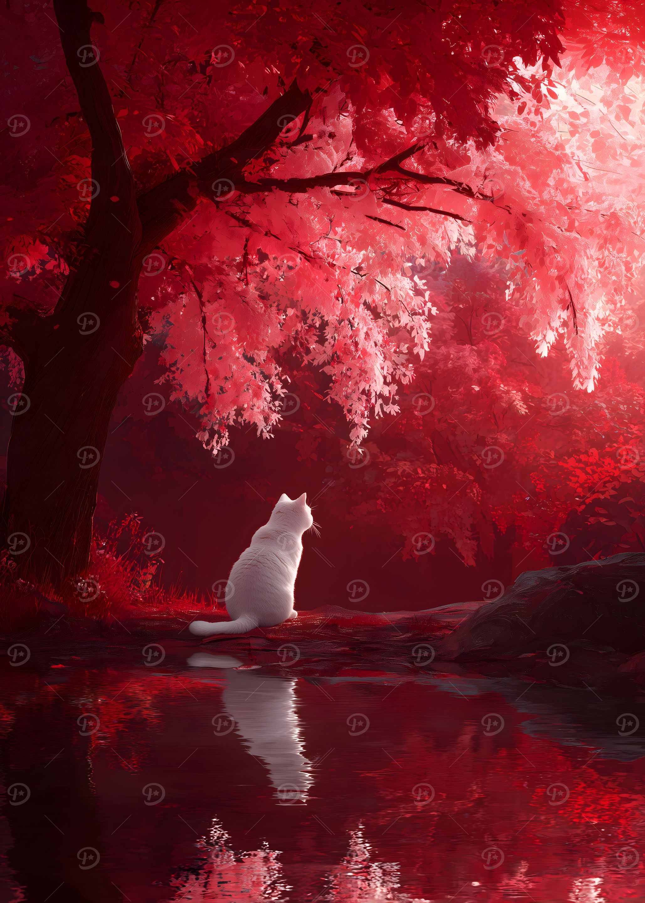 White Cat in Red Forest