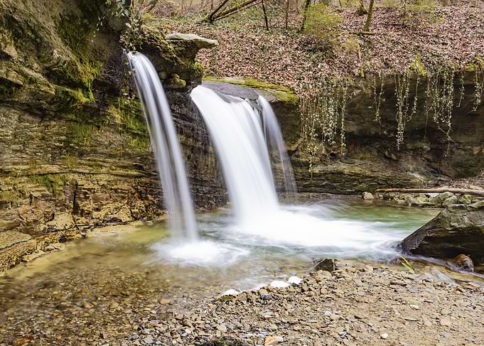 Double Waterfall of the Mèbre river in Forest Setting
