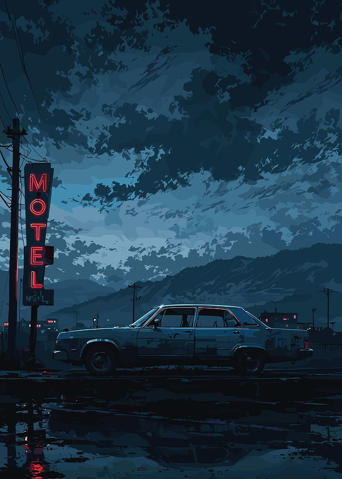Blue Motel Night Scene with Car