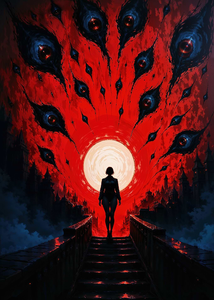 Crimson Eclipse: Lone Figure Under the Watchful Eyes of the Blood Moon