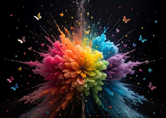 Rainbow Flower Explosion with Butterflies