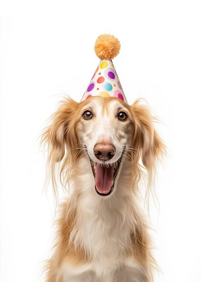 Saluki dog with Party Hat