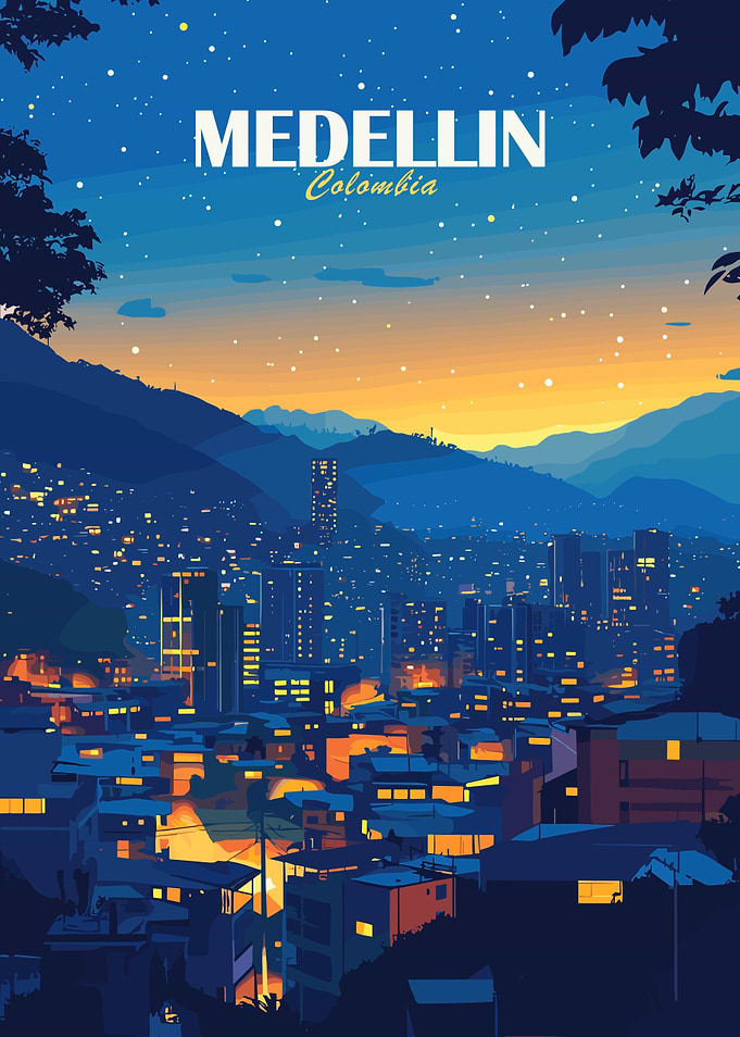 Medellin Colombia Cityscape at Night