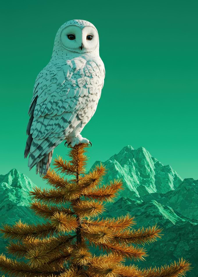 Snowy Owl on Evergreen Tree