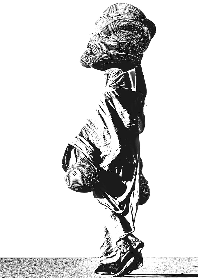 Woman Carrying Baskets Black and White