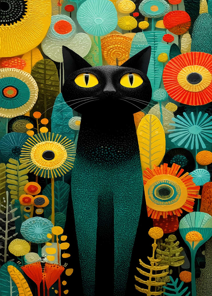 Stylized Black Cat in Floral Garden