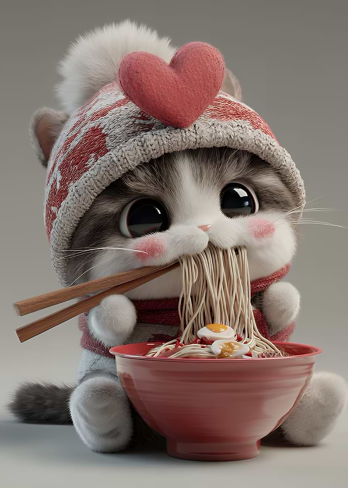 Cute Cat Eating Ramen with Chopsticks