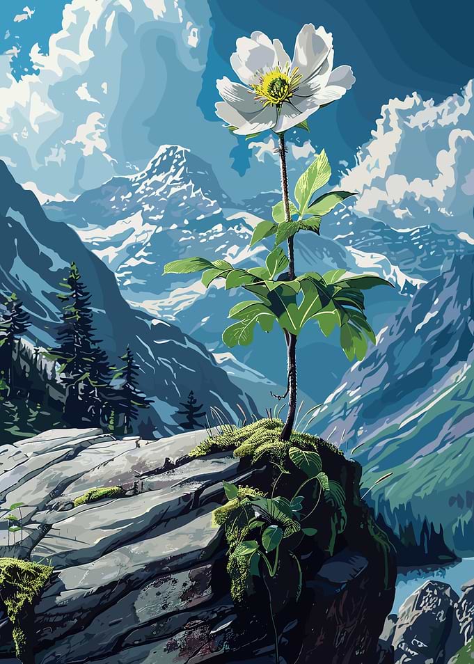 White Flower in Mountain Landscape