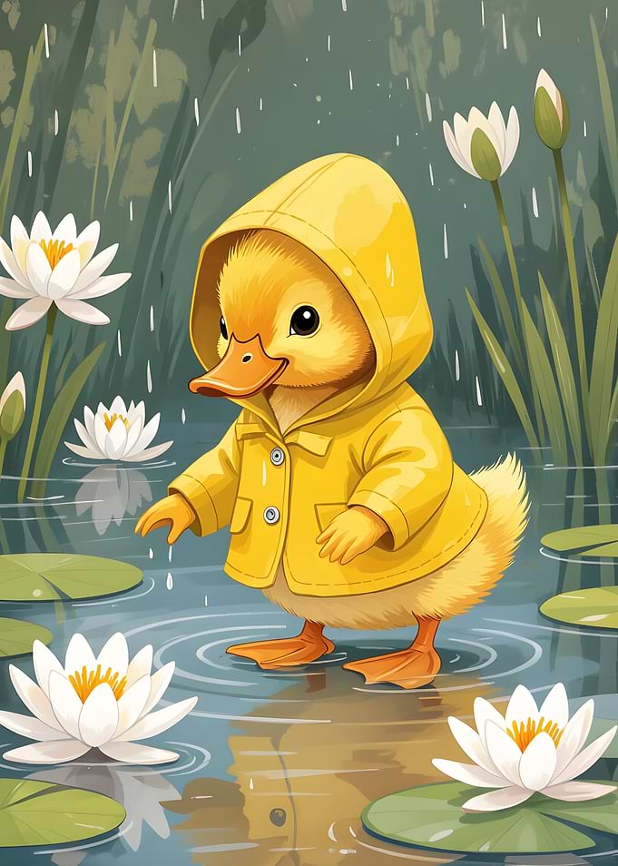 Duckling in Raincoat with Water Lilies