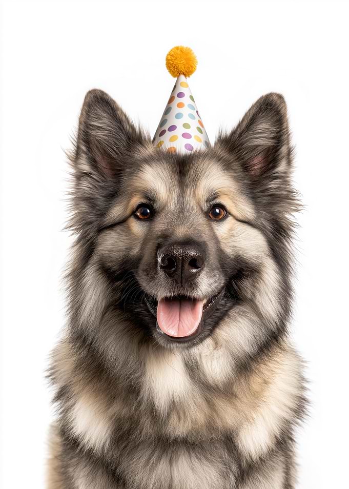 Happy Norwegian Elkhound Dog with Party Hat