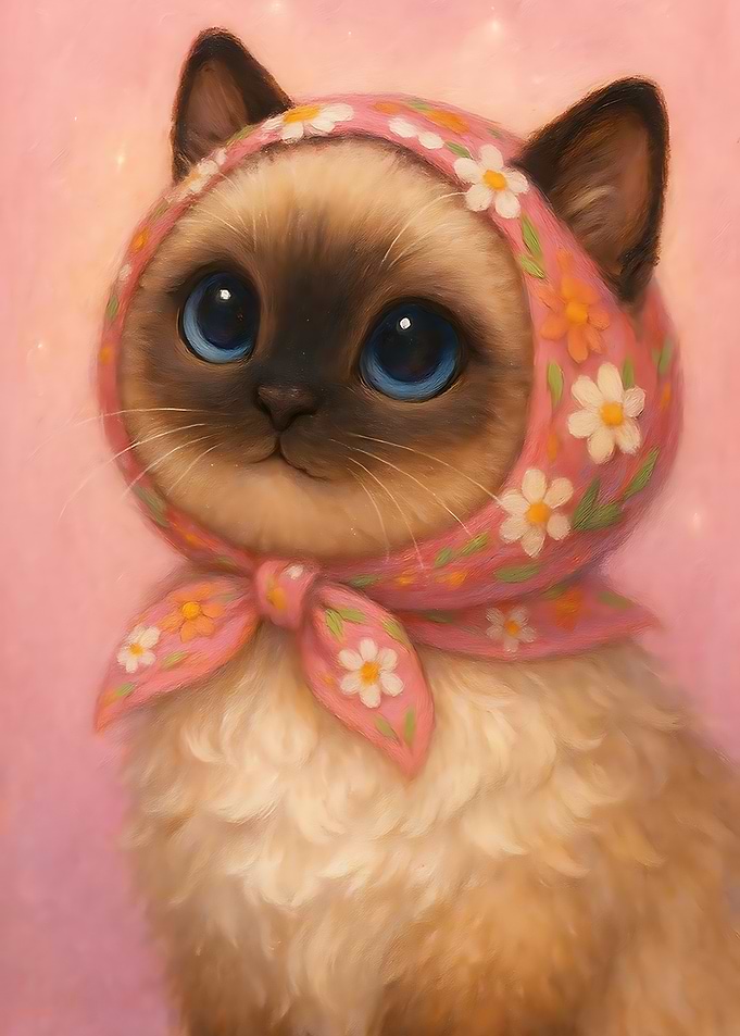 Cute Cat with Babushka Scarf Portrait