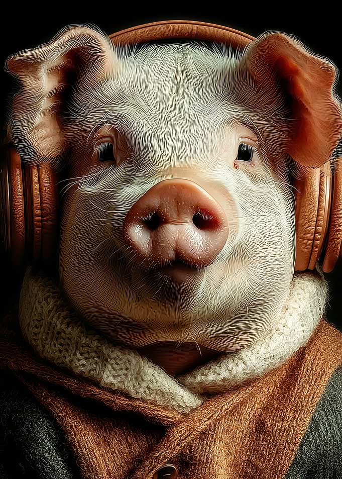 Pig with Headphones and Sweater