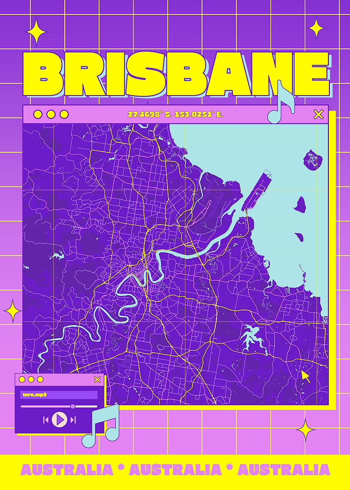 Brisbane Australia Map Retro Aesthetic