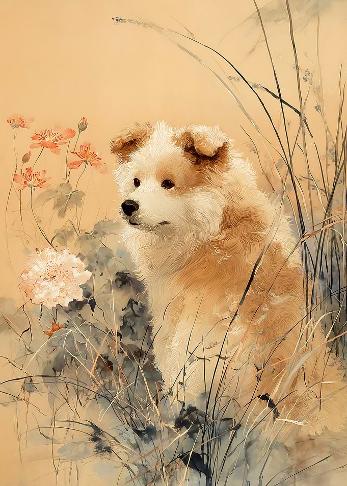 Painting of a Dog in a Meadow