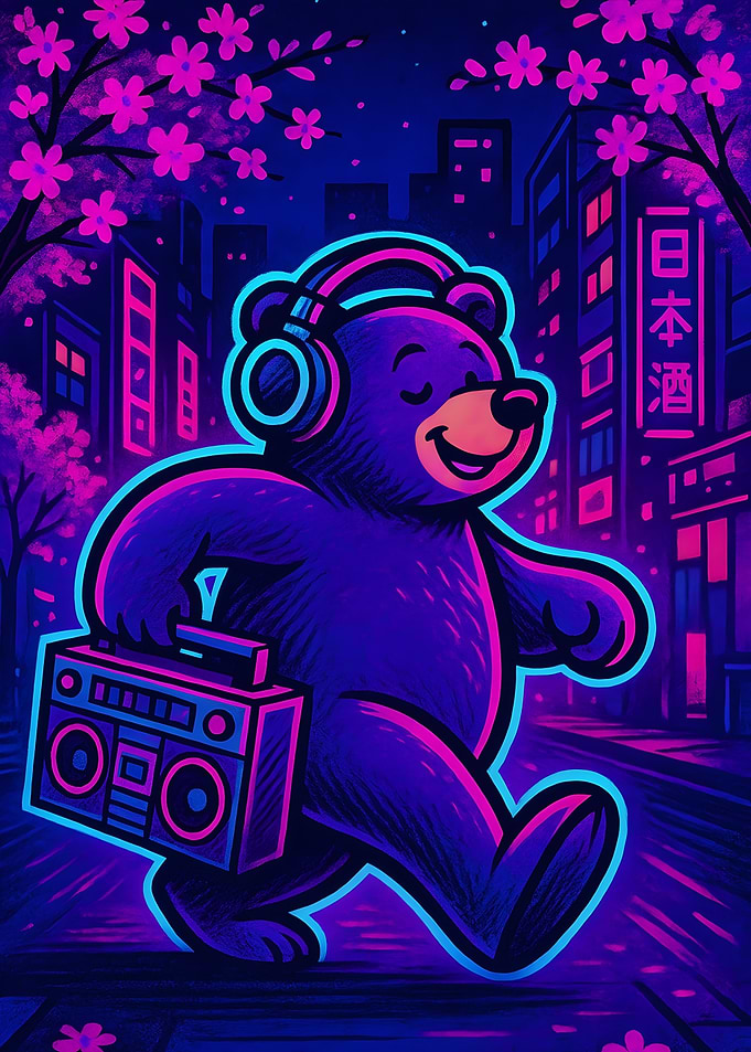 Neon Bear with Boombox in Cityscape