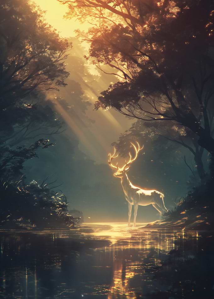 Glowing Deer in Forest Stream