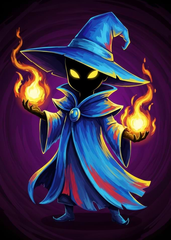 Cartoon Wizard with Fireballs
