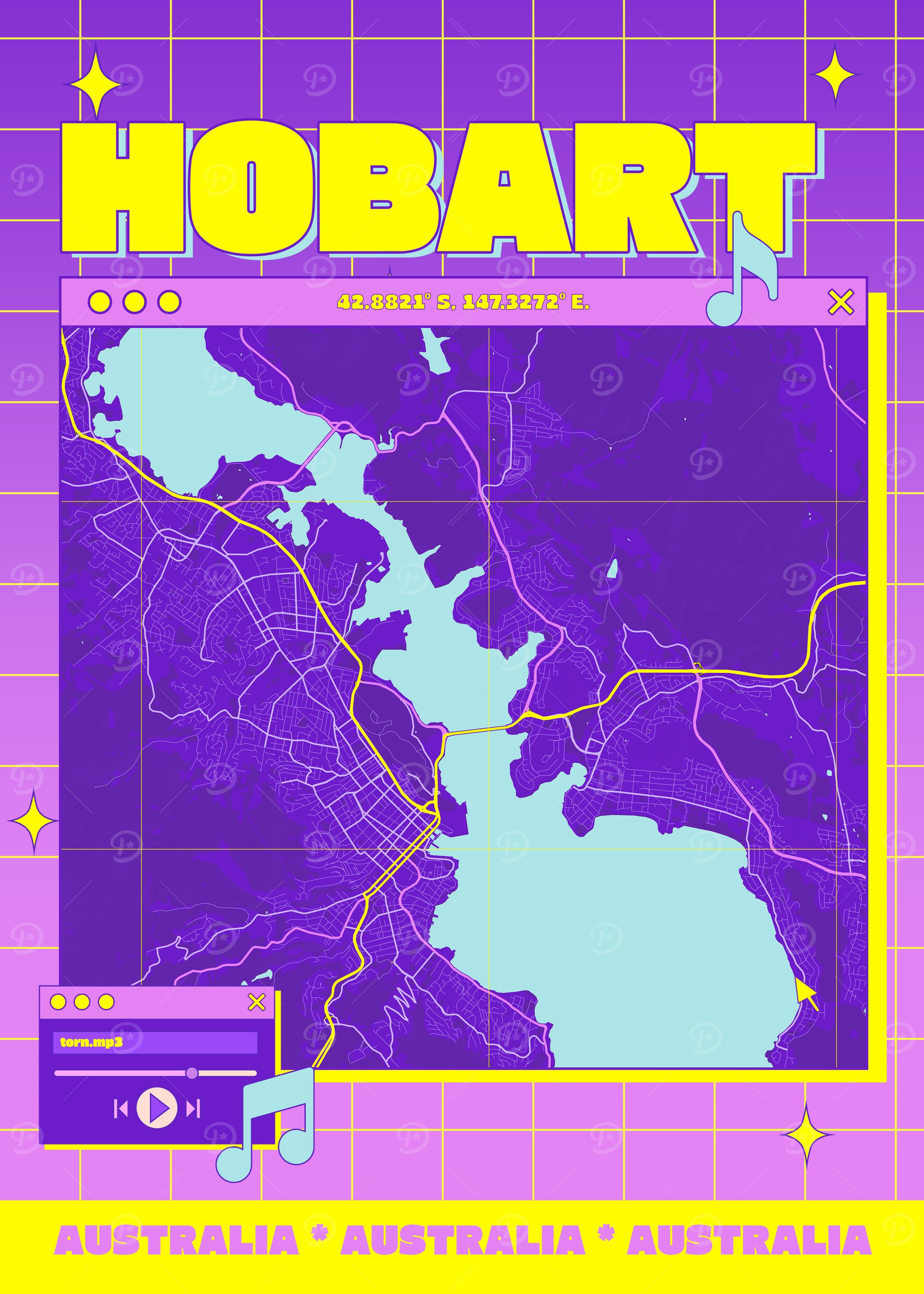 Hobart Australia Map Retro Design