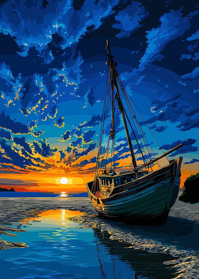 Boat on Beach at Sunset