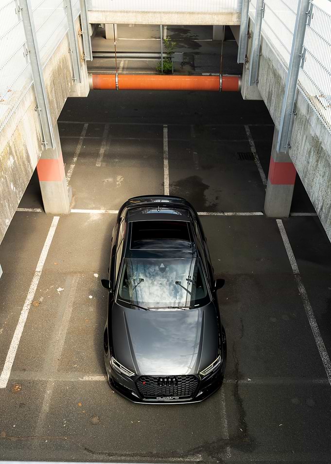 Grey RS3 in Parking Garage