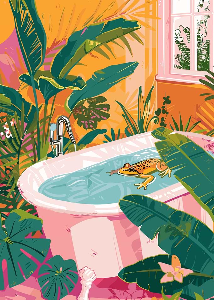 Frog in Bathtub Jungle Illustration