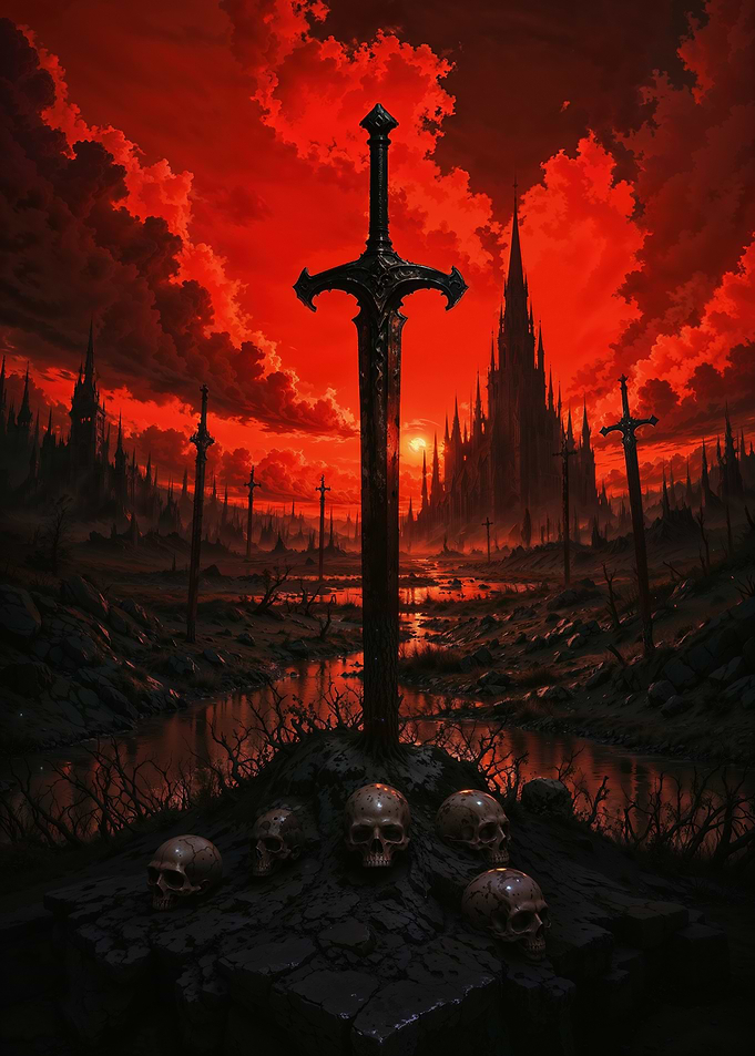Blade of Desolation: Ancient Sword in a Grim, Blood-Red Apocalyptic Landscape