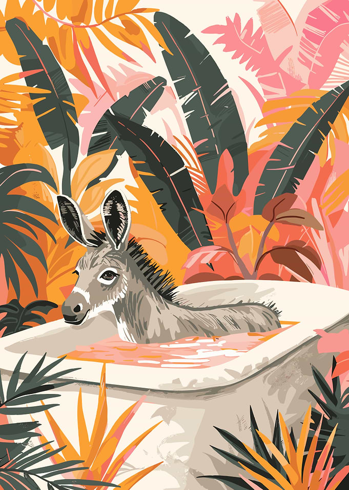 Donkey in Bathtub with Tropical Plants