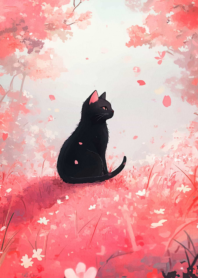 Black Cat in Cherry Blossom Garden